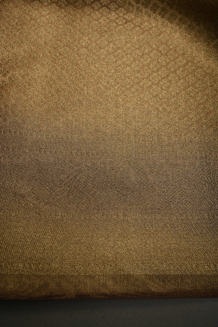 Light Chikoo Banarasi Vegan Silk Tissue Saree with Zari Buttas and Silver Chevron Pattern on Short Zari Border