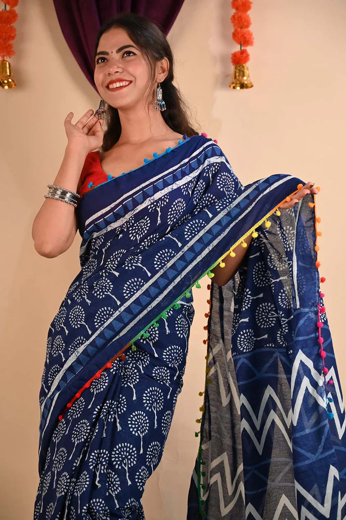 Ready to wear Indigo Blockprint Mul Mul Cotton With Pom Pom Wrap in 1 minute Saree