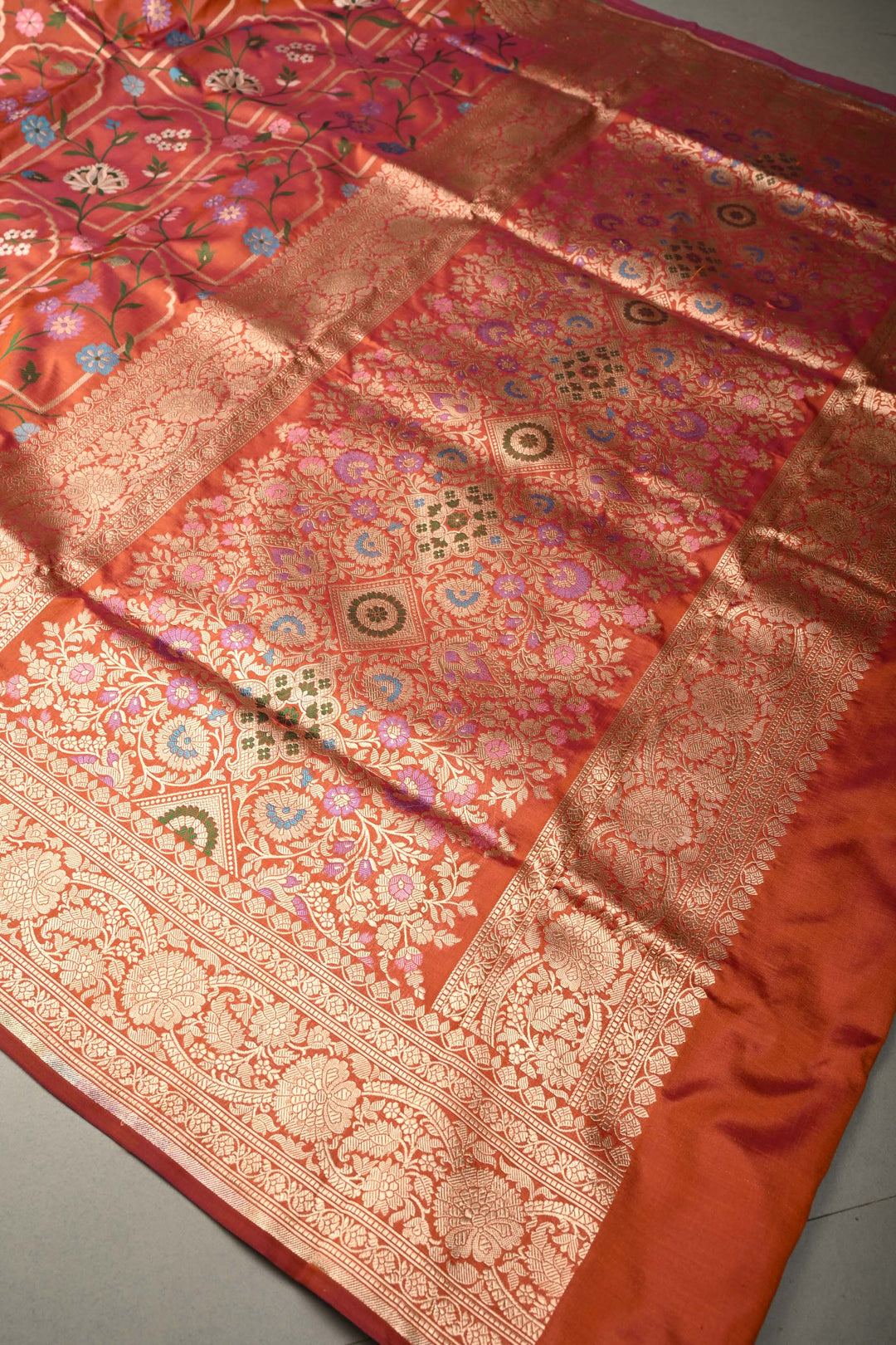 Orange Dual Tone Banarasi Katan Silk Saree with Meenakari Persian Arch Design and Zari Border | SILK MARK CERTIFIED | SHOBITAM