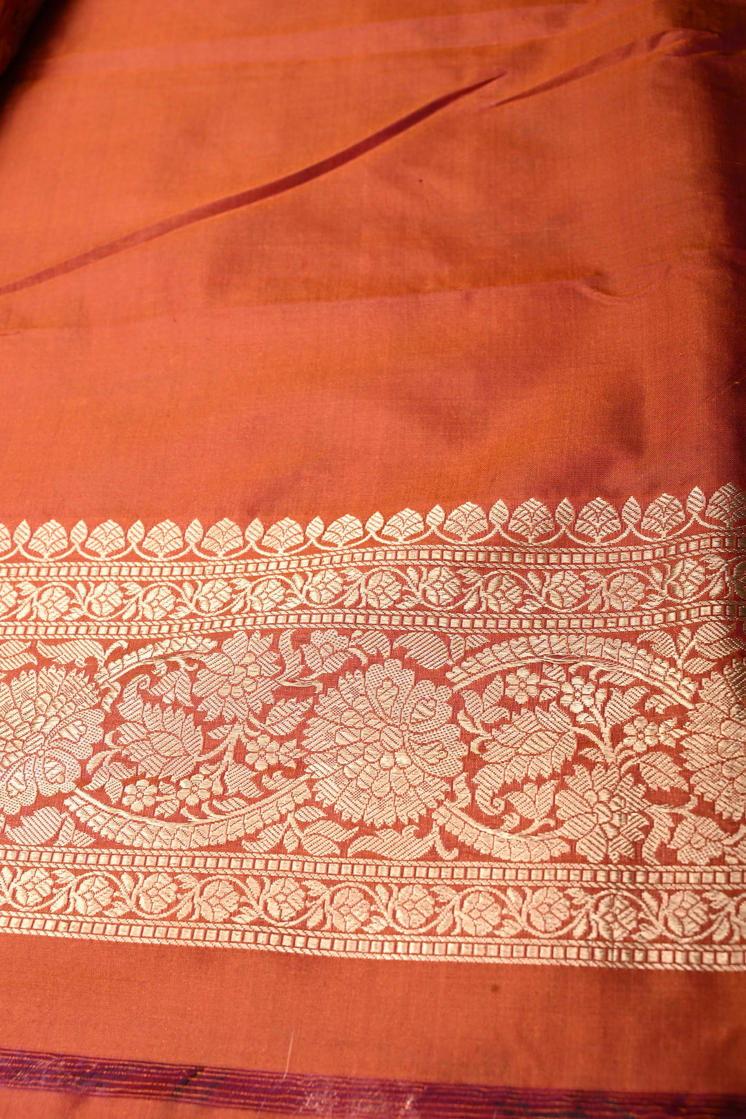 Orange Dual Tone Banarasi Katan Silk Saree with Meenakari Persian Arch Design and Zari Border | SILK MARK CERTIFIED | SHOBITAM