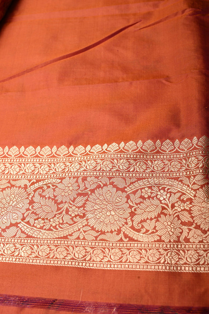 Orange Dual Tone Banarasi Katan Silk Saree with Meenakari Persian Arch Design and Zari Border | SILK MARK CERTIFIED | SHOBITAM