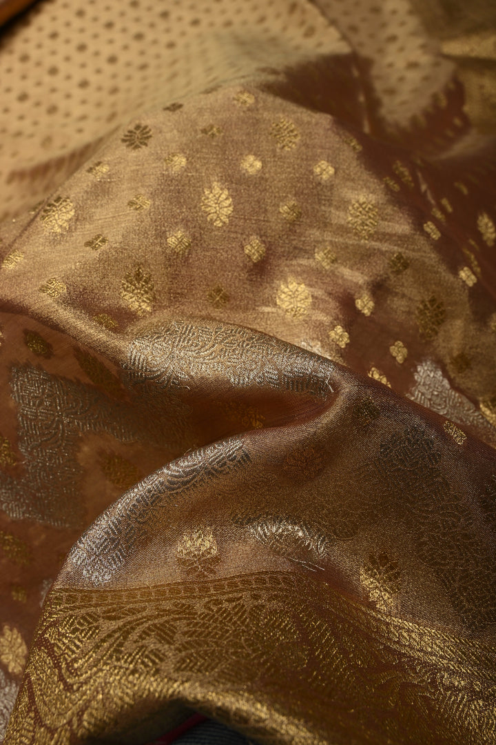 Light Chikoo Banarasi Vegan Silk Tissue Saree with Zari Buttas and Silver Chevron Pattern on Short Zari Border