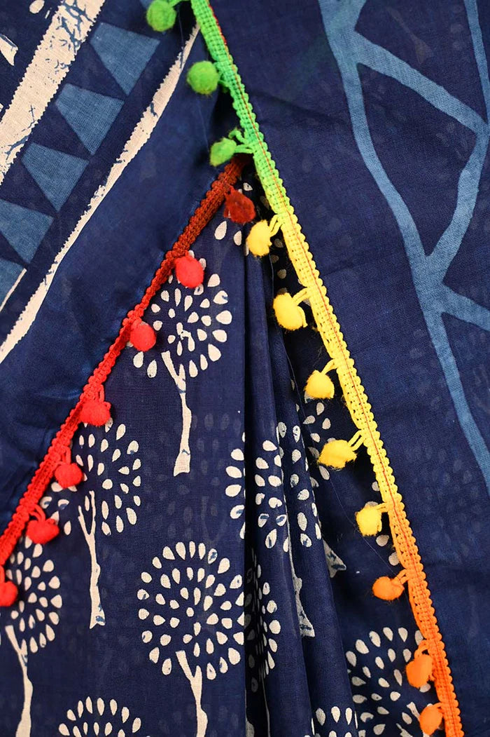 Ready to wear Indigo Blockprint Mul Mul Cotton With Pom Pom Wrap in 1 minute Saree