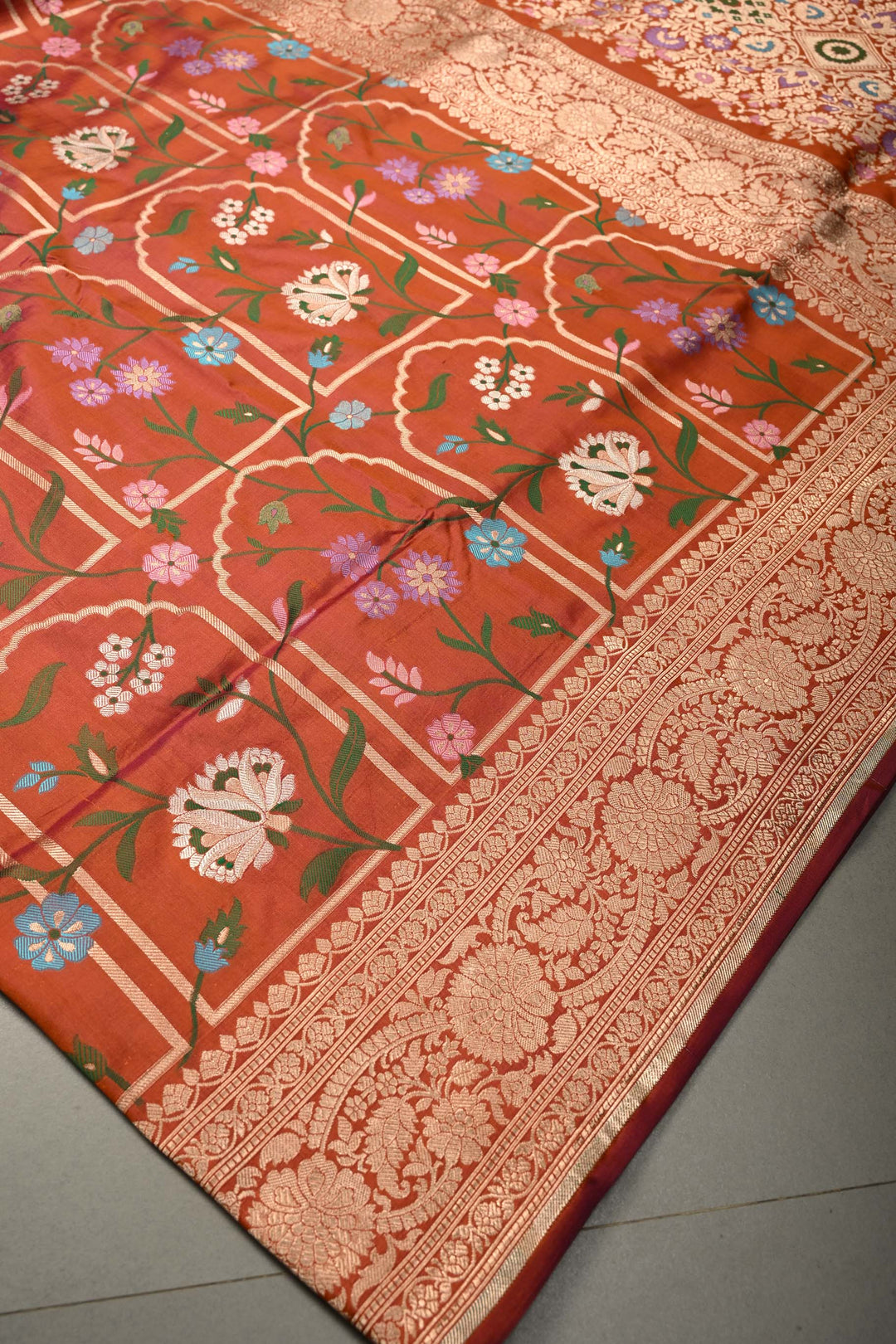 Orange Dual Tone Banarasi Katan Silk Saree with Meenakari Persian Arch Design and Zari Border | SILK MARK CERTIFIED | SHOBITAM