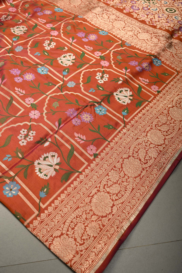 Orange Dual Tone Banarasi Katan Silk Saree with Meenakari Persian Arch Design and Zari Border | SILK MARK CERTIFIED | SHOBITAM