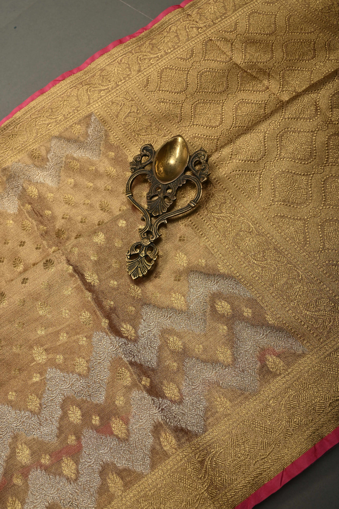 Light Chikoo Banarasi Vegan Silk Tissue Saree with Zari Buttas and Silver Chevron Pattern on Short Zari Border