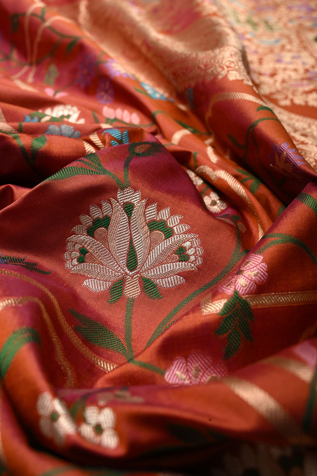 Orange Dual Tone Banarasi Katan Silk Saree with Meenakari Persian Arch Design and Zari Border | SILK MARK CERTIFIED | SHOBITAM
