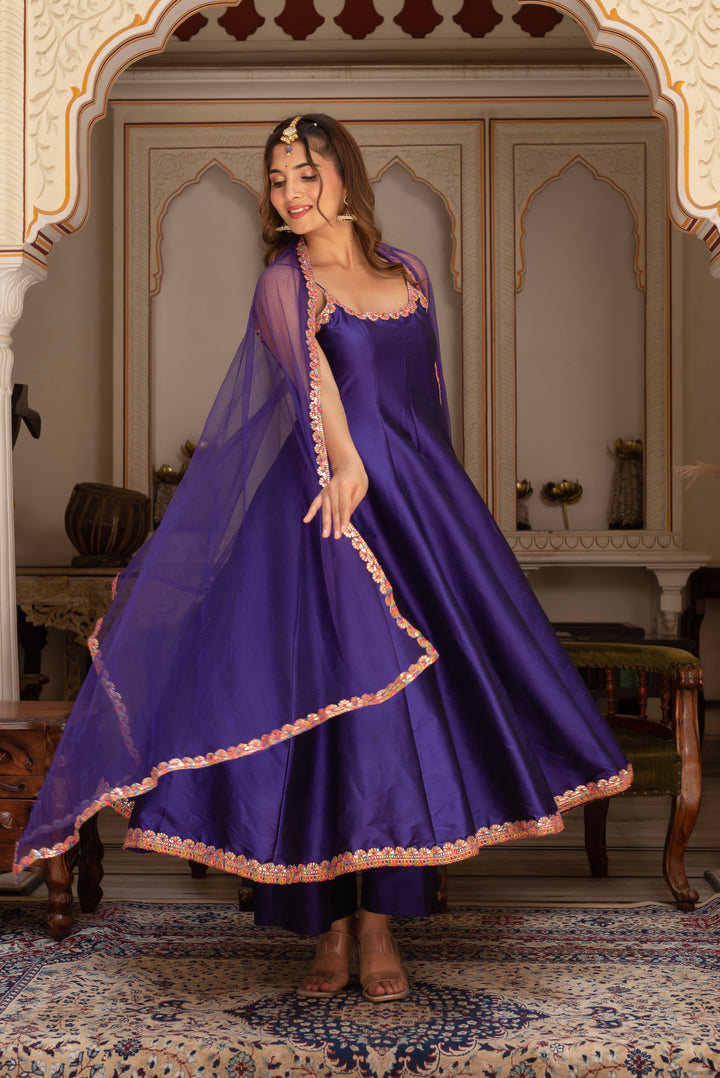 GULABI GALIYAN RIMJHIM PURPLE EMBROIDERY TAFFETA SILK ANARKALI SET WITH SOFT NET DUPATTA | SHOBITAM