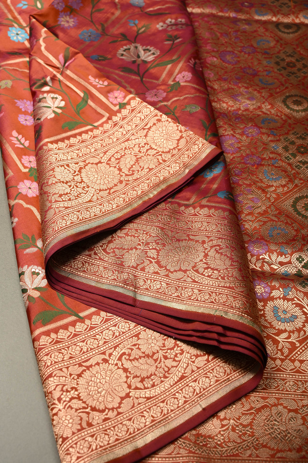 Orange Dual Tone Banarasi Katan Silk Saree with Meenakari Persian Arch Design and Zari Border | SILK MARK CERTIFIED | SHOBITAM