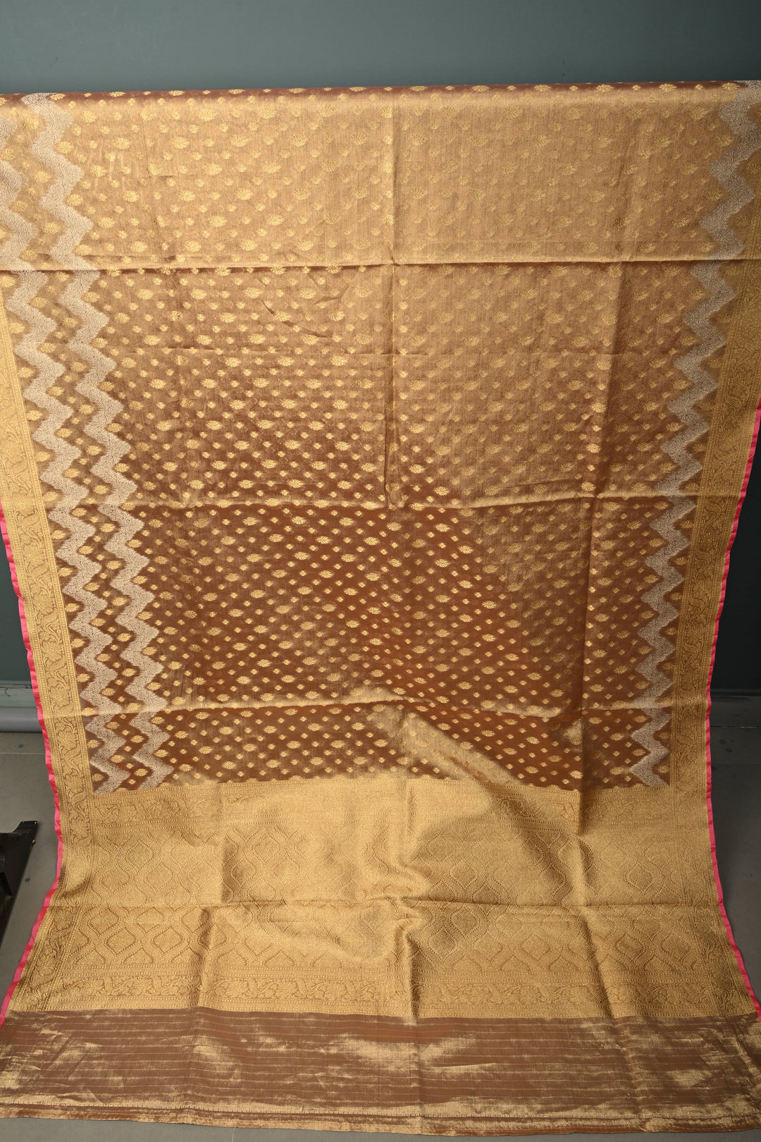 Light Chikoo Banarasi Vegan Silk Tissue Saree with Zari Buttas and Silver Chevron Pattern on Short Zari Border