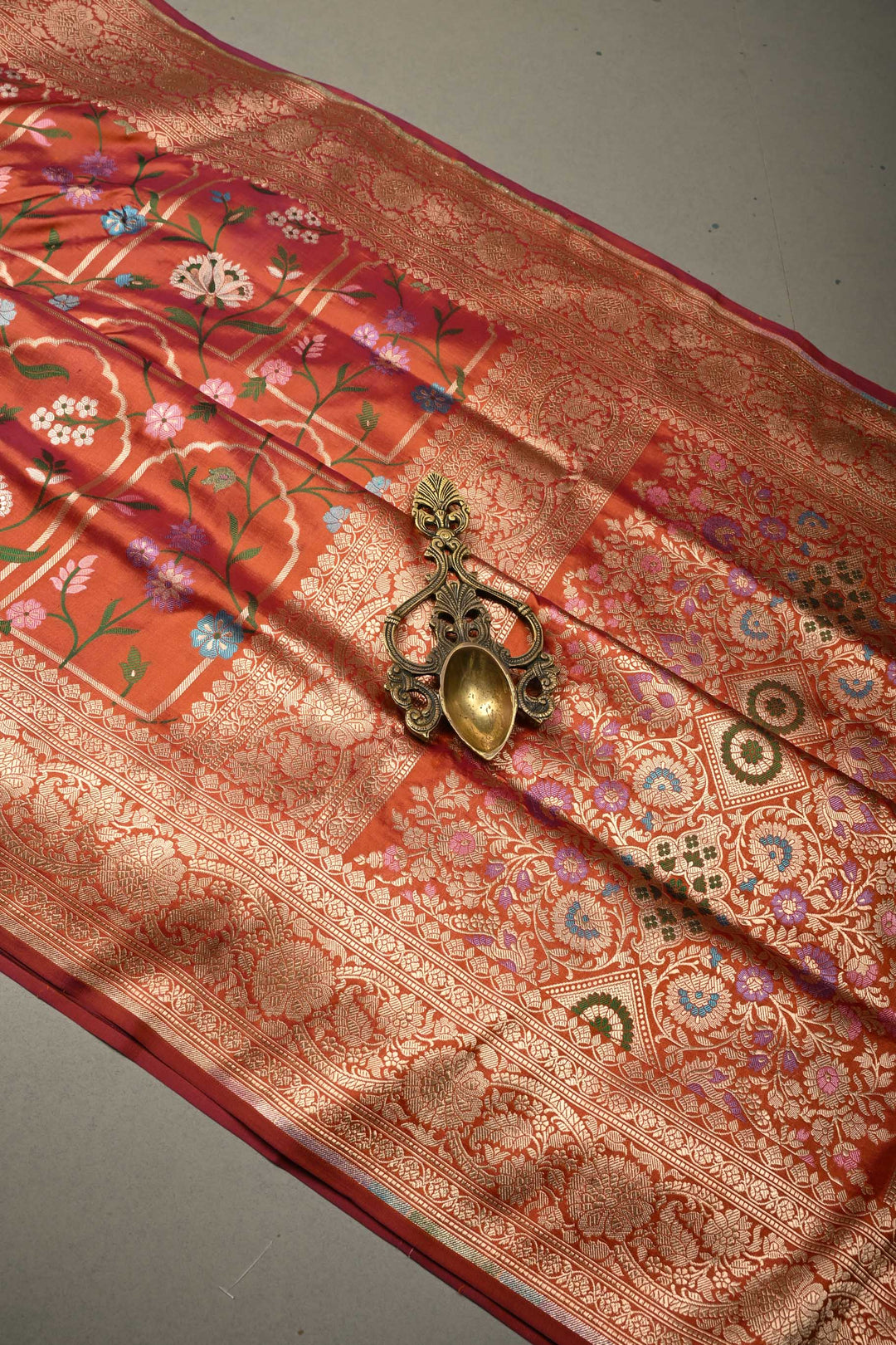 Orange Dual Tone Banarasi Katan Silk Saree with Meenakari Persian Arch Design and Zari Border | SILK MARK CERTIFIED | SHOBITAM