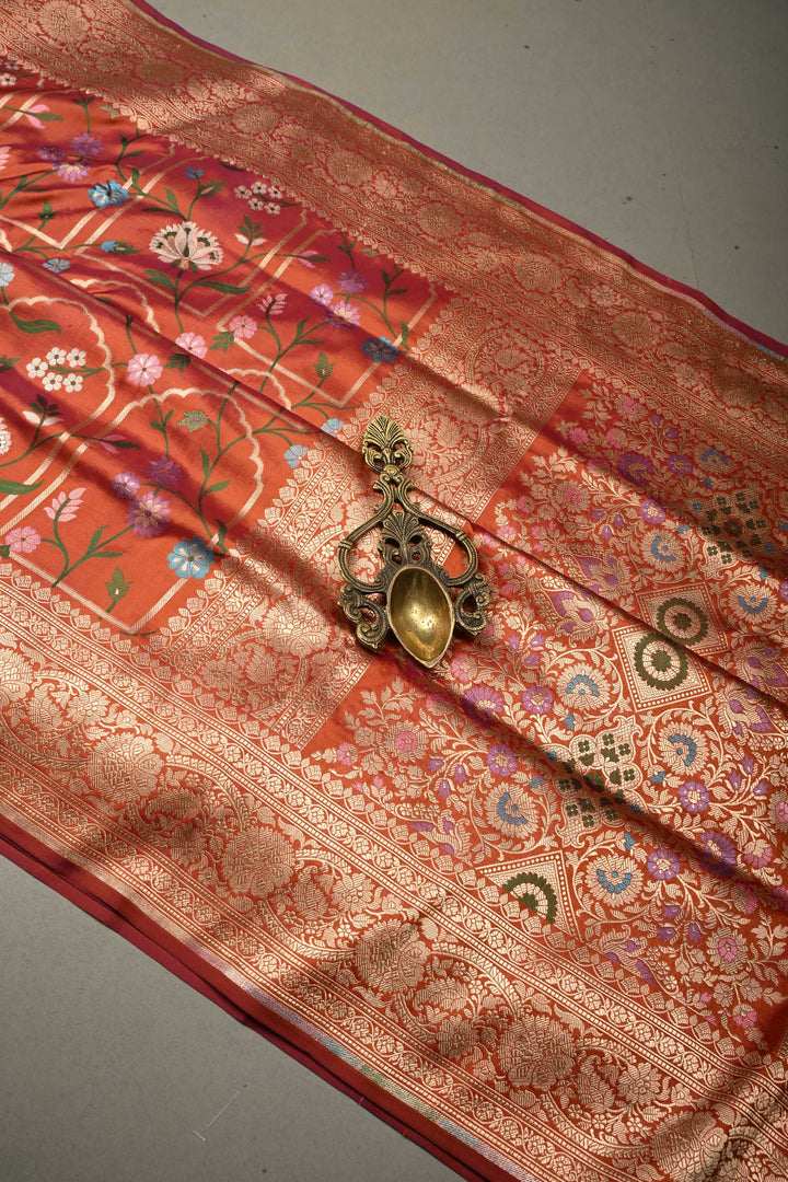 Orange Dual Tone Banarasi Katan Silk Saree with Meenakari Persian Arch Design and Zari Border | SILK MARK CERTIFIED | SHOBITAM