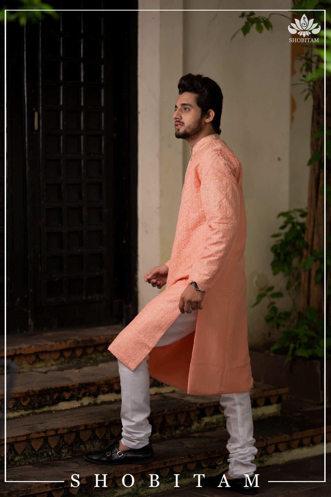 Peach Embroidered and sequin embellished Kurta Pajama Set for Men,  Multiple Size | Ethnic Menswear by Shobitam