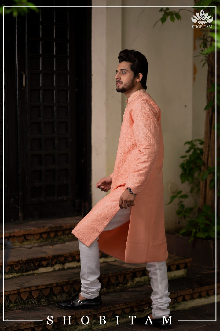 Peach Embroidered and sequin embellished Kurta Pajama Set for Men,  Multiple Size | Ethnic Menswear by Shobitam
