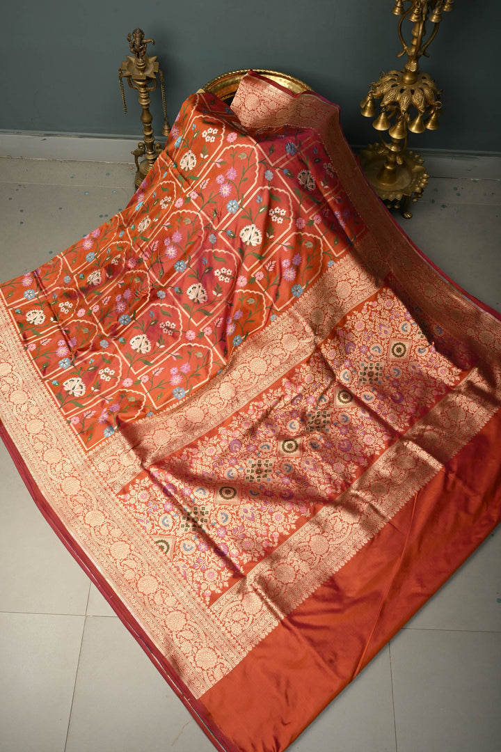 Orange Dual Tone Banarasi Katan Silk Saree with Meenakari Persian Arch Design and Zari Border | SILK MARK CERTIFIED | SHOBITAM