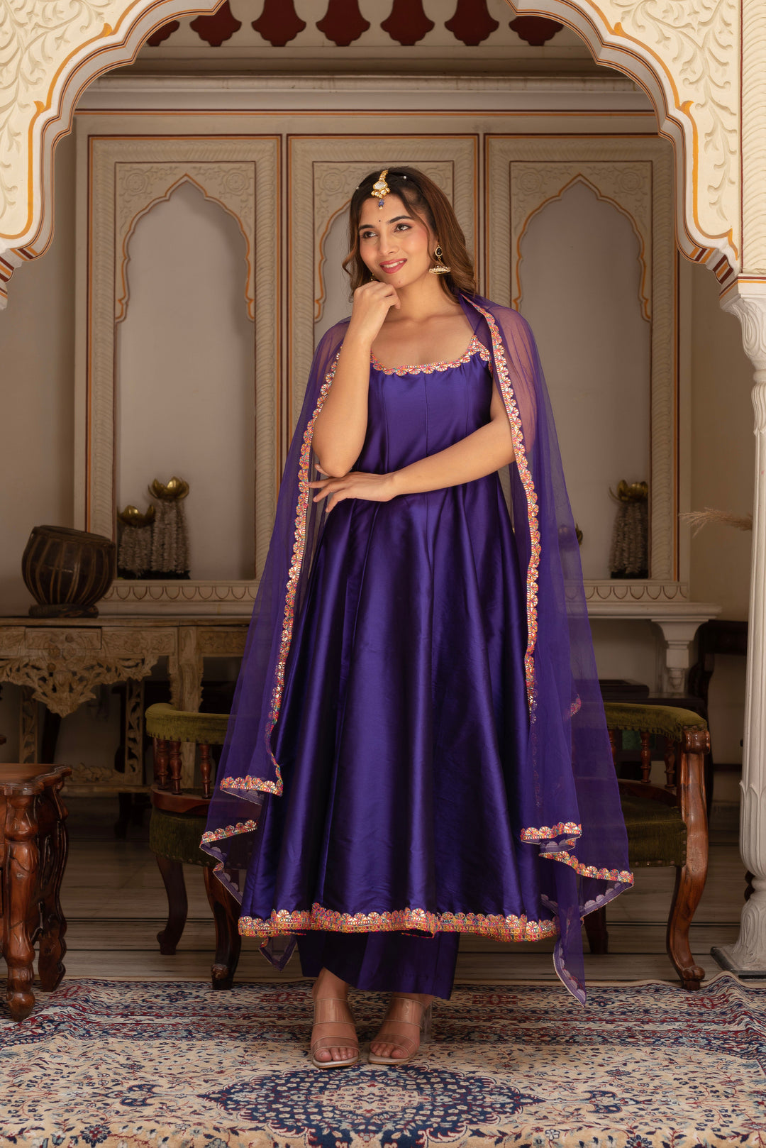 GULABI GALIYAN RIMJHIM PURPLE EMBROIDERY TAFFETA SILK ANARKALI SET WITH SOFT NET DUPATTA | SHOBITAM