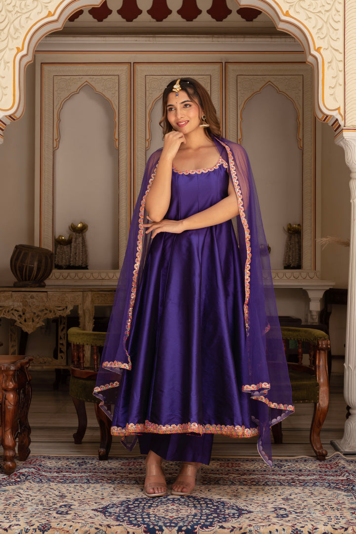GULABI GALIYAN RIMJHIM PURPLE EMBROIDERY TAFFETA SILK ANARKALI SET WITH SOFT NET DUPATTA | SHOBITAM