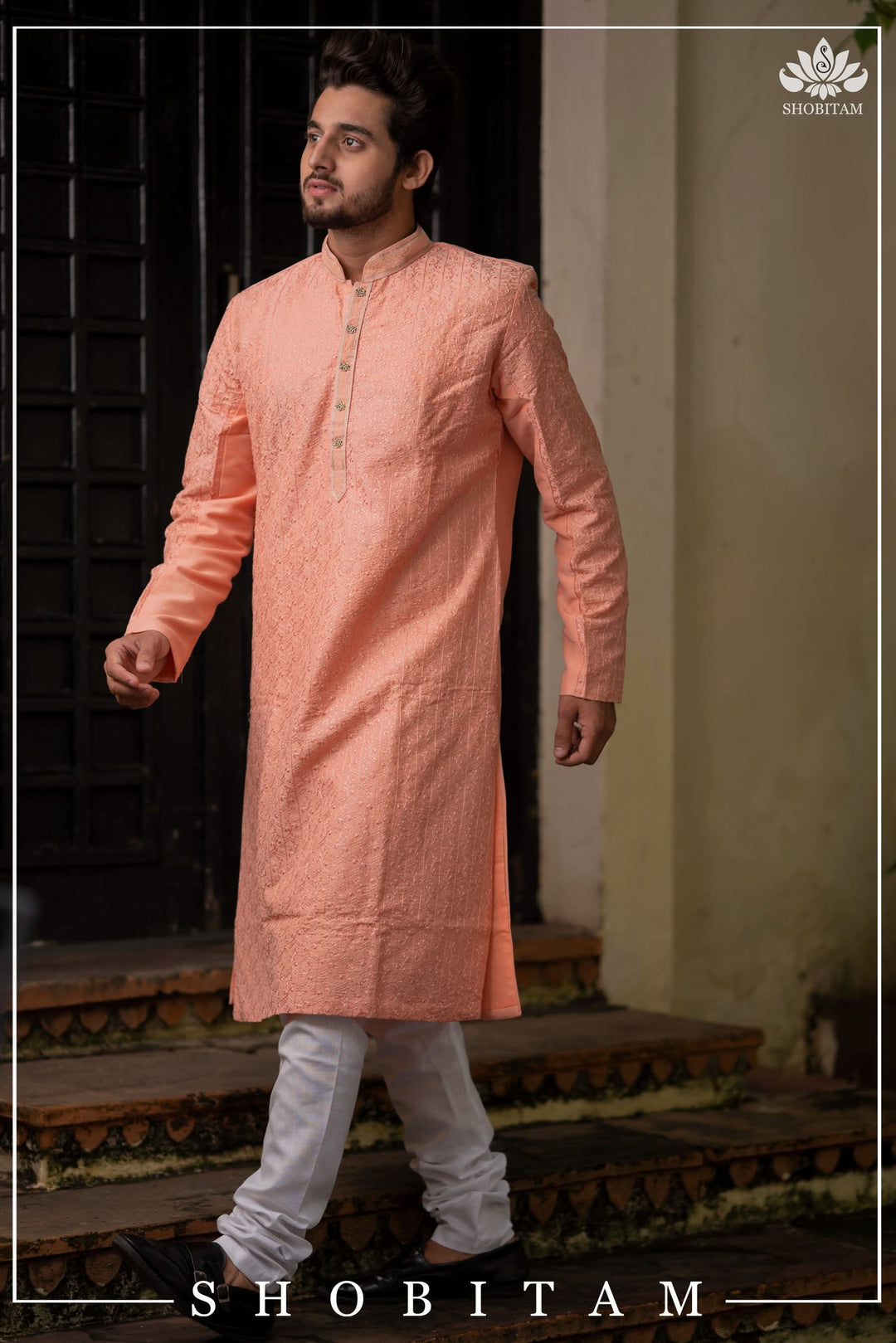Peach Embroidered and sequin embellished Kurta Pajama Set for Men,  Multiple Size | Ethnic Menswear by Shobitam