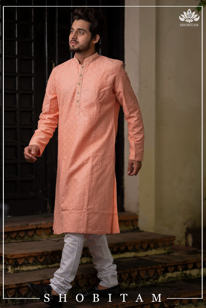 Peach Embroidered and sequin embellished Kurta Pajama Set for Men,  Multiple Size | Ethnic Menswear by Shobitam