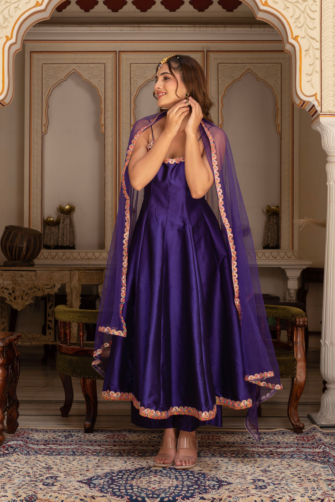 GULABI GALIYAN RIMJHIM PURPLE EMBROIDERY TAFFETA SILK ANARKALI SET WITH SOFT NET DUPATTA | SHOBITAM
