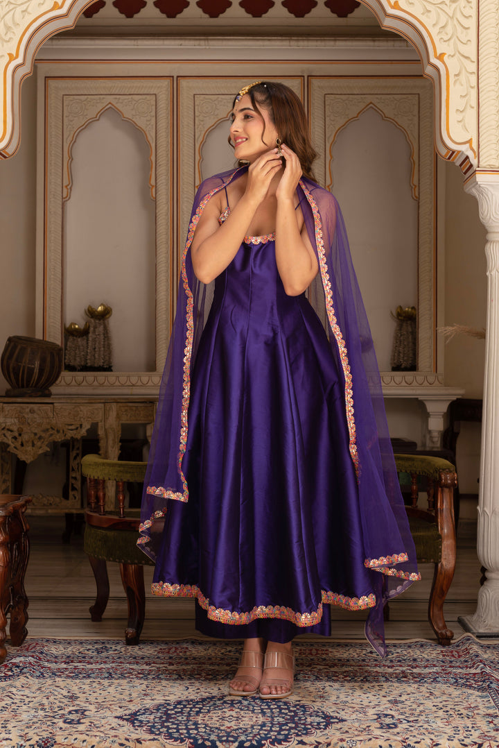 GULABI GALIYAN RIMJHIM PURPLE EMBROIDERY TAFFETA SILK ANARKALI SET WITH SOFT NET DUPATTA | SHOBITAM