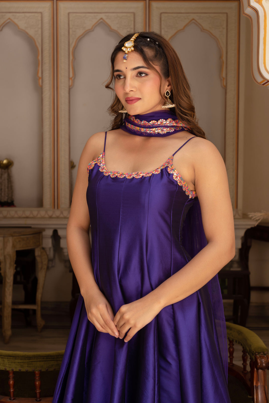 GULABI GALIYAN RIMJHIM PURPLE EMBROIDERY TAFFETA SILK ANARKALI SET WITH SOFT NET DUPATTA | SHOBITAM