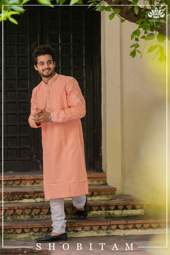 Peach Embroidered and sequin embellished Kurta Pajama Set for Men,  Multiple Size | Ethnic Menswear by Shobitam