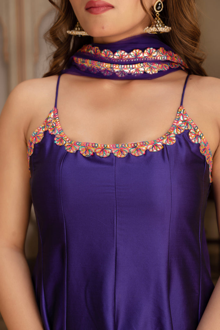 GULABI GALIYAN RIMJHIM PURPLE EMBROIDERY TAFFETA SILK ANARKALI SET WITH SOFT NET DUPATTA | SHOBITAM