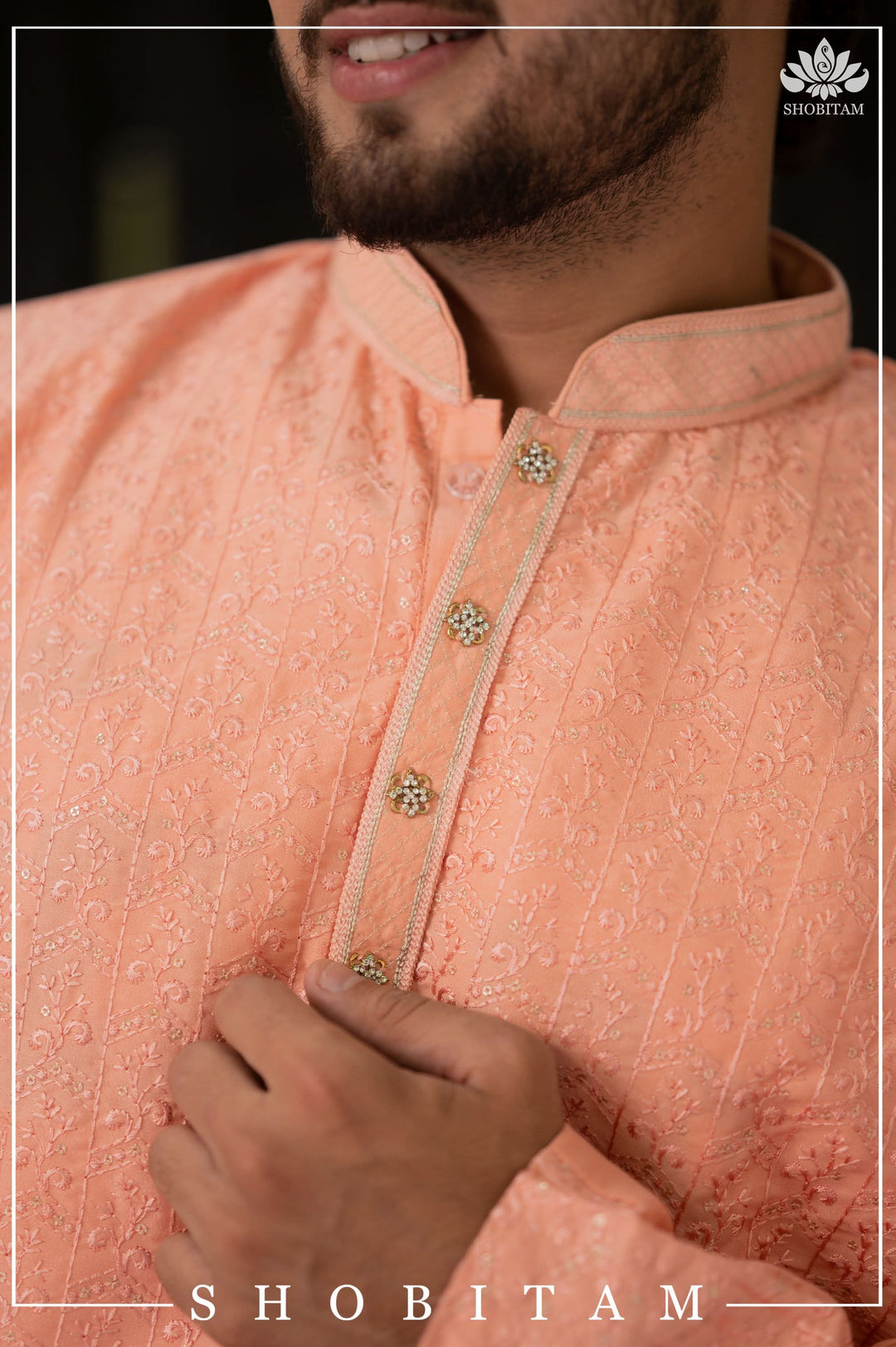 Peach Embroidered and sequin embellished Kurta Pajama Set for Men,  Multiple Size | Ethnic Menswear by Shobitam