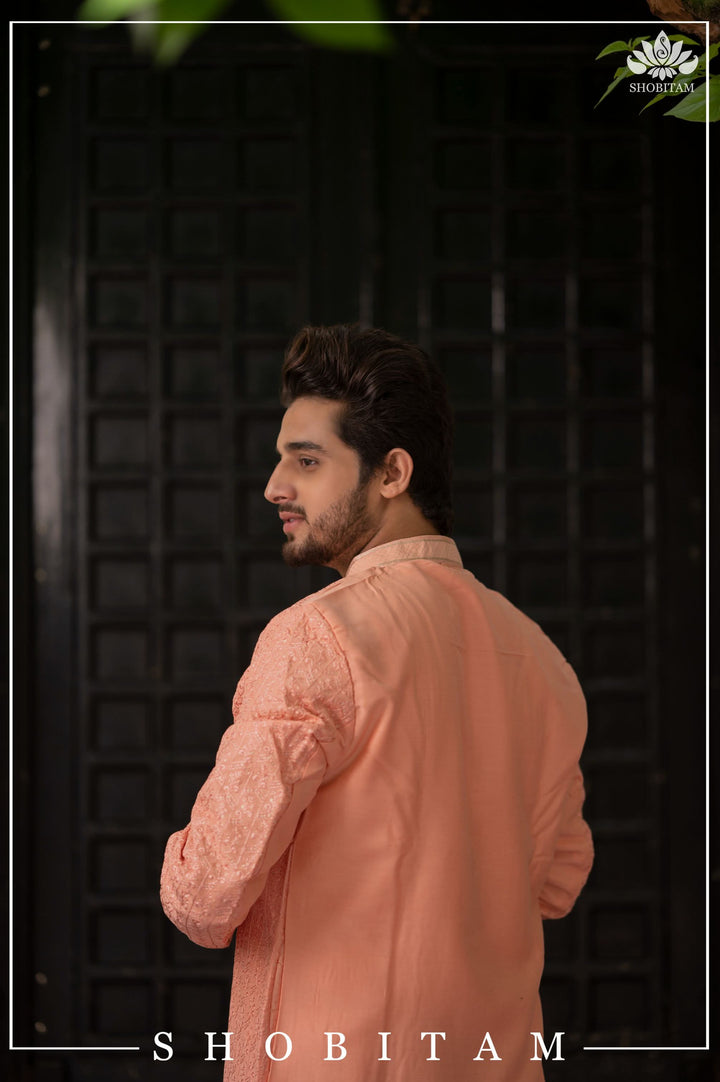 Peach Embroidered and sequin embellished Kurta Pajama Set for Men,  Multiple Size | Ethnic Menswear by Shobitam