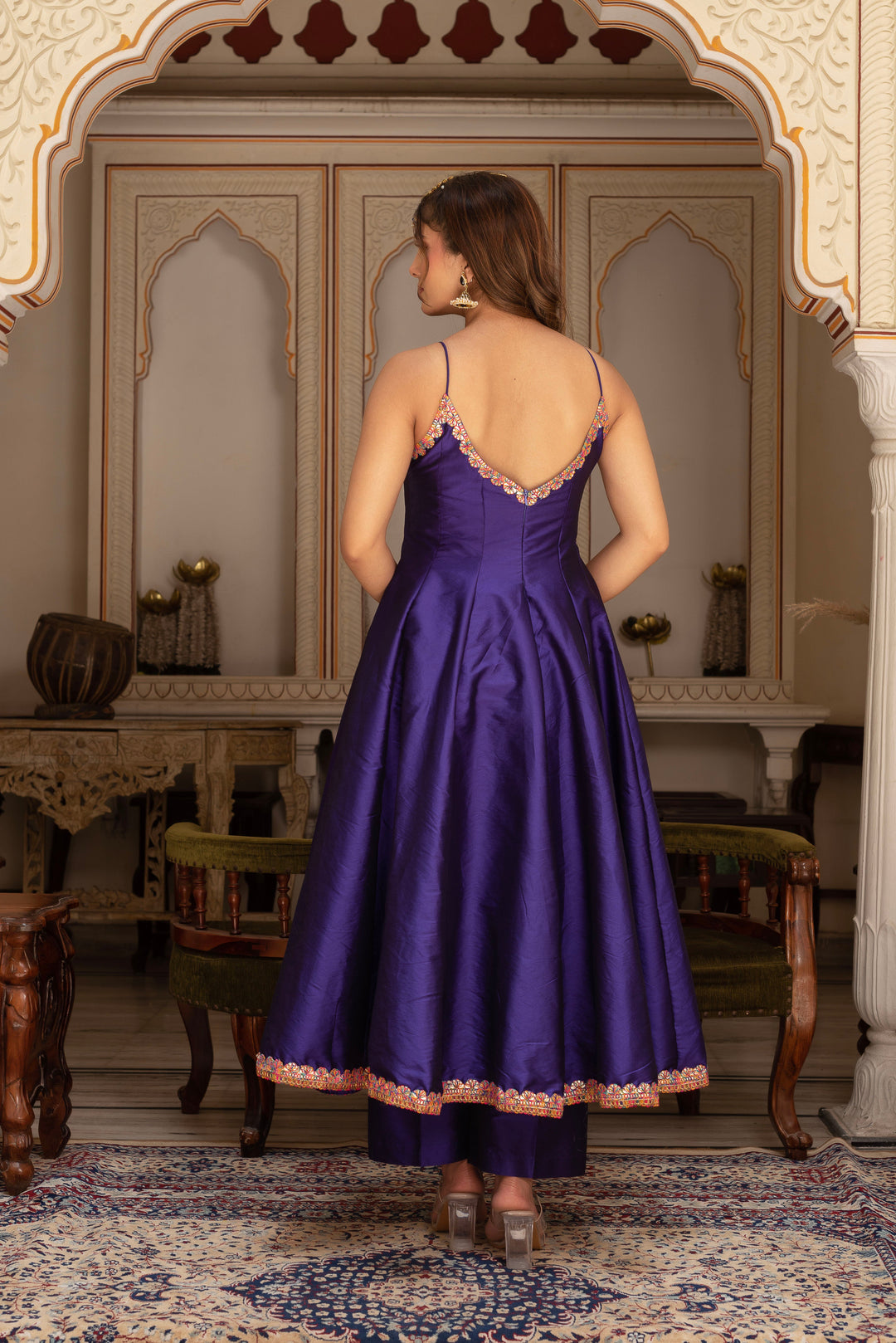 GULABI GALIYAN RIMJHIM PURPLE EMBROIDERY TAFFETA SILK ANARKALI SET WITH SOFT NET DUPATTA | SHOBITAM