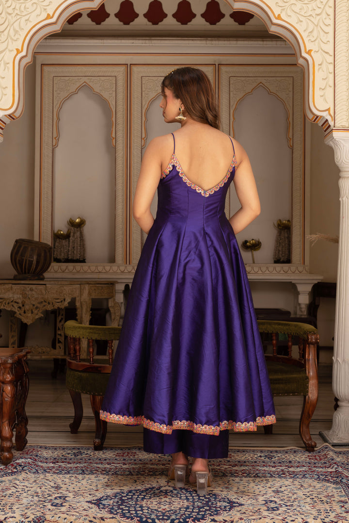 GULABI GALIYAN RIMJHIM PURPLE EMBROIDERY TAFFETA SILK ANARKALI SET WITH SOFT NET DUPATTA | SHOBITAM