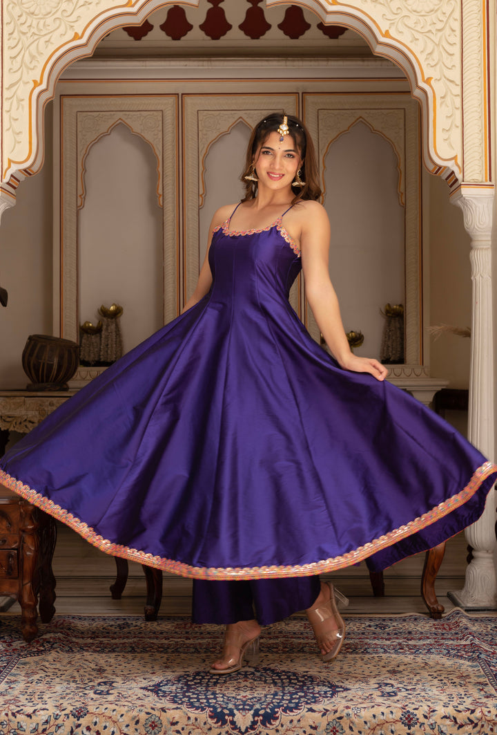 GULABI GALIYAN RIMJHIM PURPLE EMBROIDERY TAFFETA SILK ANARKALI SET WITH SOFT NET DUPATTA | SHOBITAM