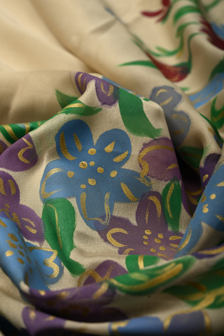 Cream Shimmer Georgette Saree with Floral Blooming  Handpainted on Pallu, No Blouse Piece | SHOBITAM