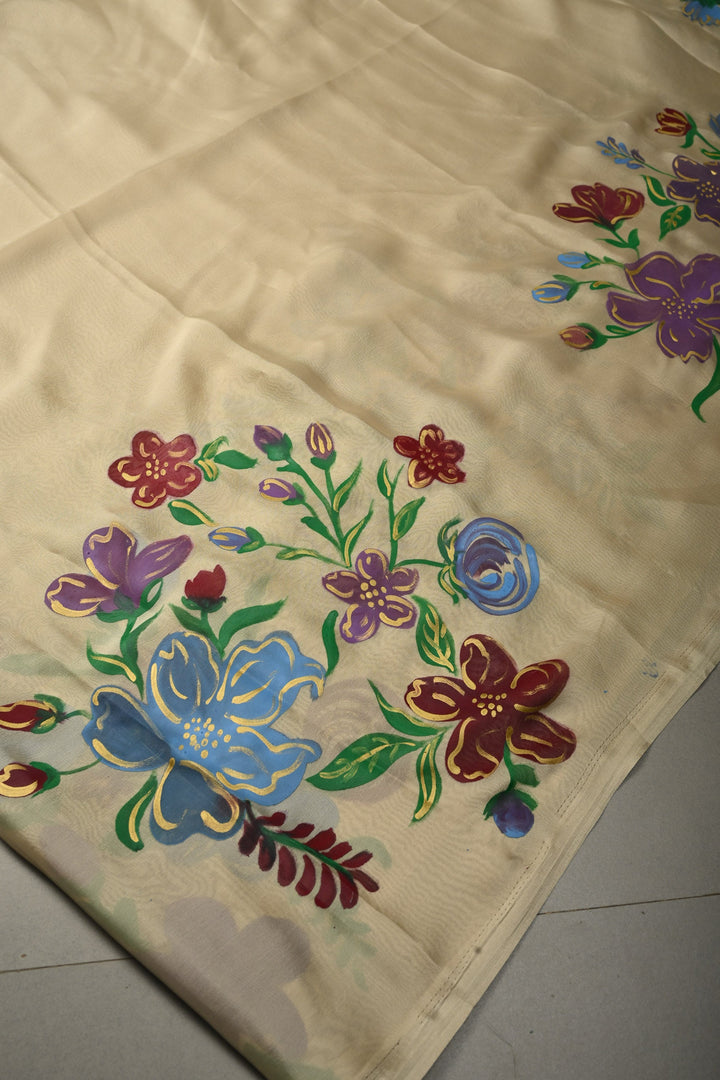 Cream Shimmer Georgette Saree with Floral Blooming  Handpainted on Pallu, No Blouse Piece | SHOBITAM