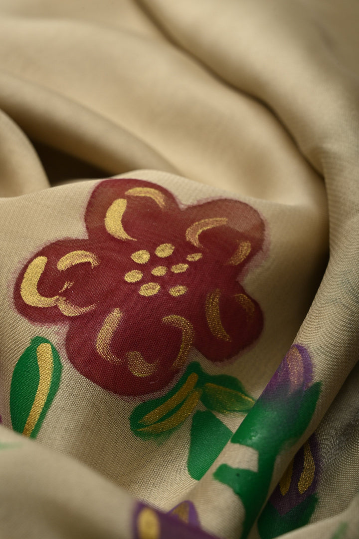 Cream Shimmer Georgette Saree with Floral Blooming  Handpainted on Pallu, No Blouse Piece | SHOBITAM