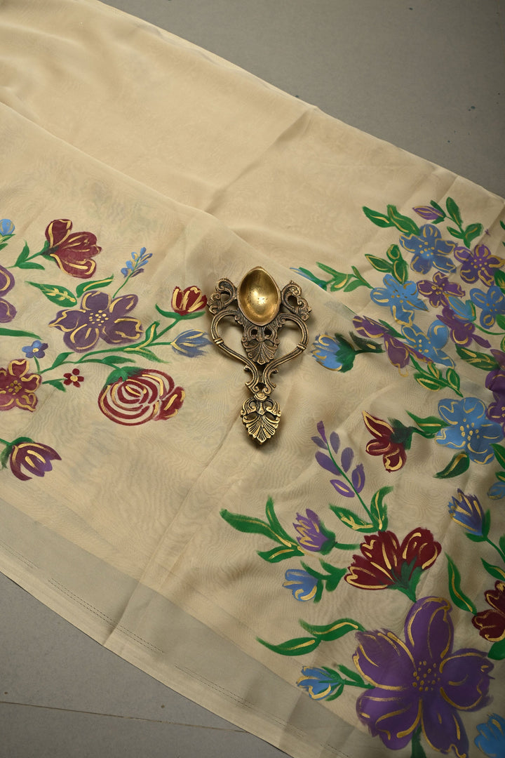 Cream Shimmer Georgette Saree with Floral Blooming  Handpainted on Pallu, No Blouse Piece | SHOBITAM