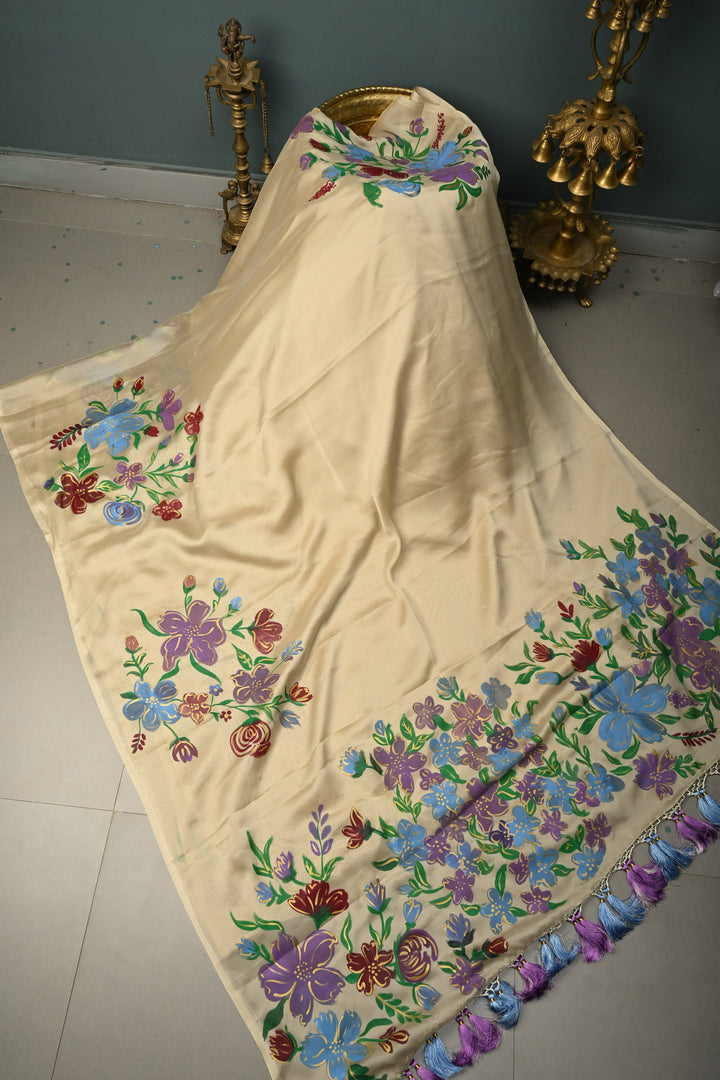 Cream Shimmer Georgette Saree with Floral Blooming  Handpainted on Pallu, No Blouse Piece | SHOBITAM