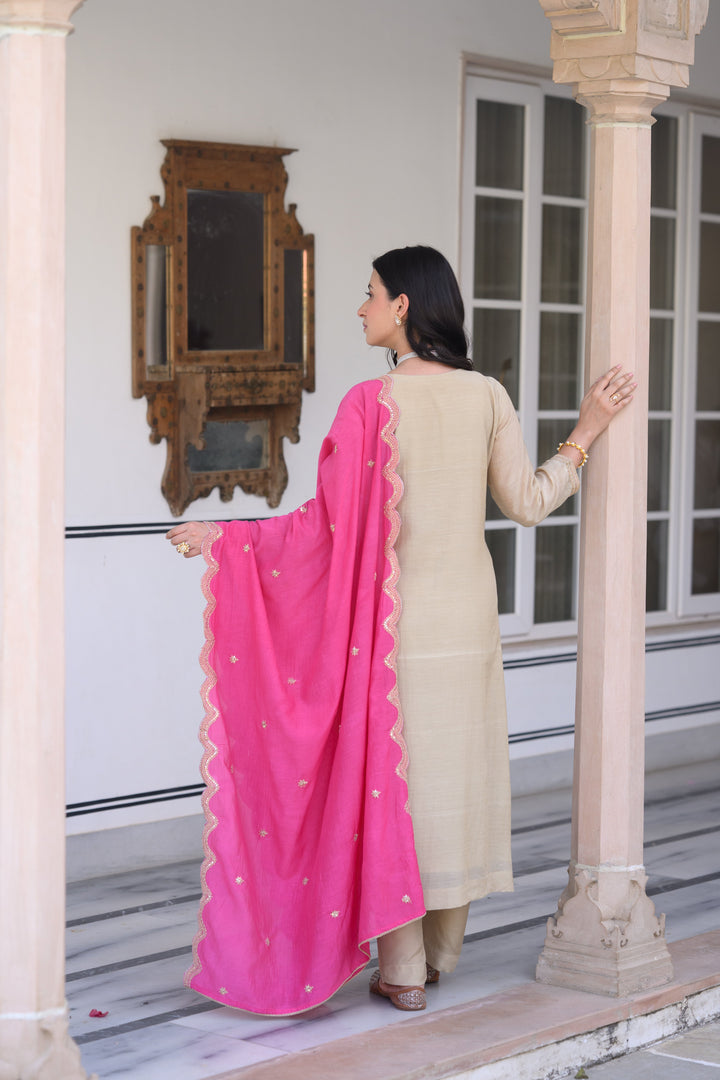 Beige Marodi Spread Work Kurta with Pink Scallop Dupatta Mul Chanderi Suit Set- SET OF-3 | SHOBITAM