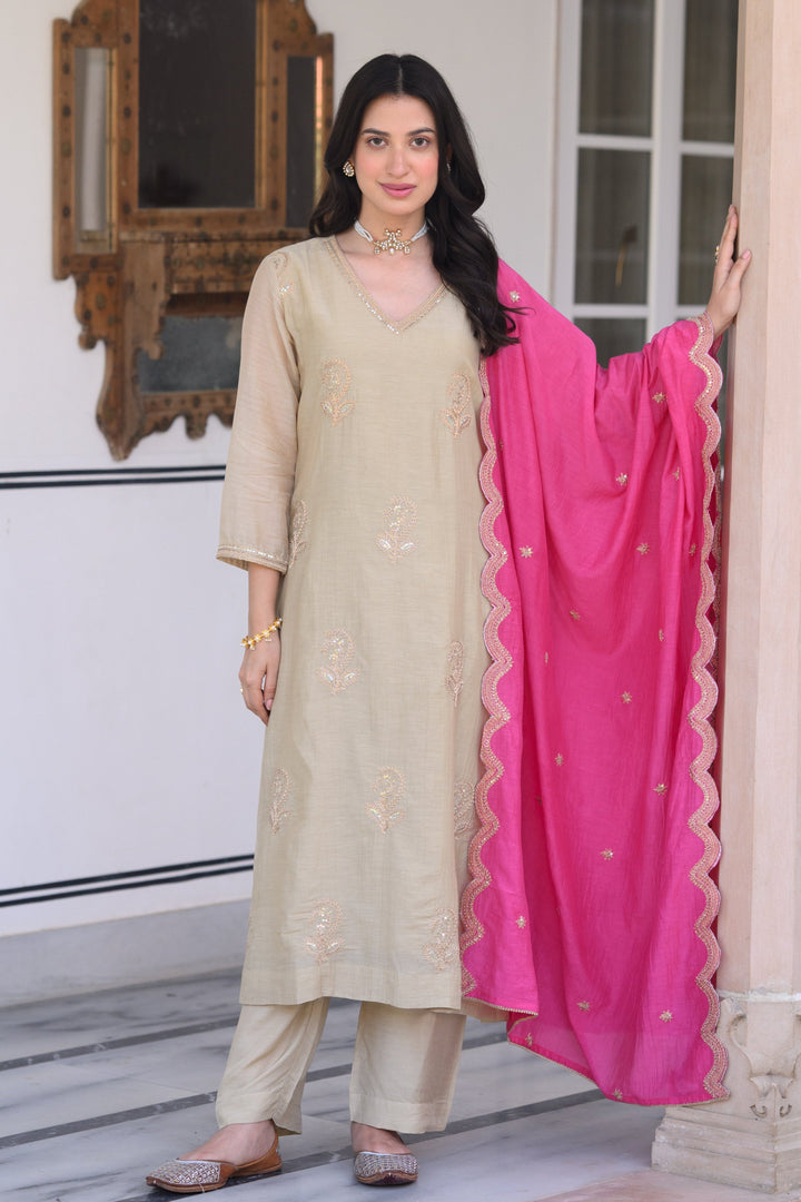 Beige Marodi Spread Work Kurta with Pink Scallop Dupatta Mul Chanderi Suit Set- SET OF-3 | SHOBITAM