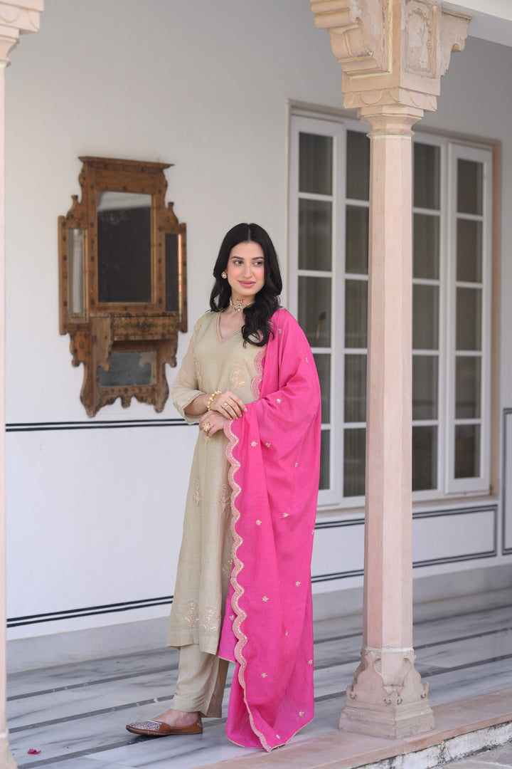 Beige Marodi Spread Work Kurta with Pink Scallop Dupatta Mul Chanderi Suit Set- SET OF-3 | SHOBITAM