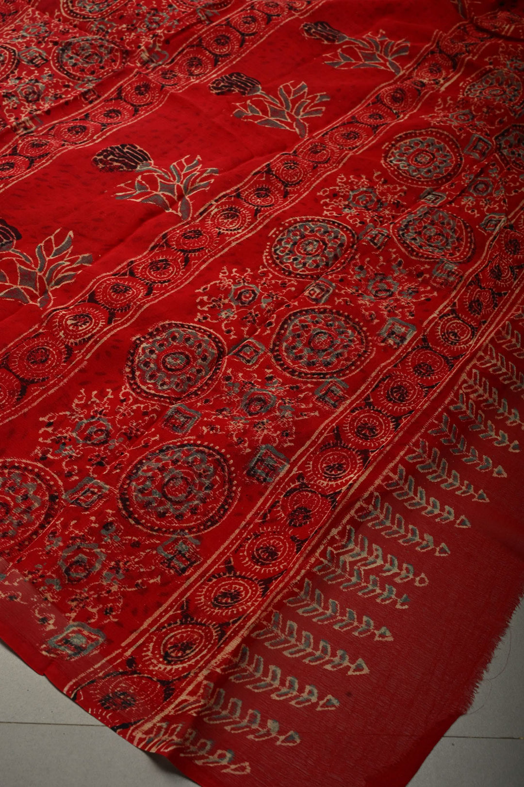 Blood Red Chiffon Saree with Nandhi Motifs Hand Block Print  | SHOBITAM