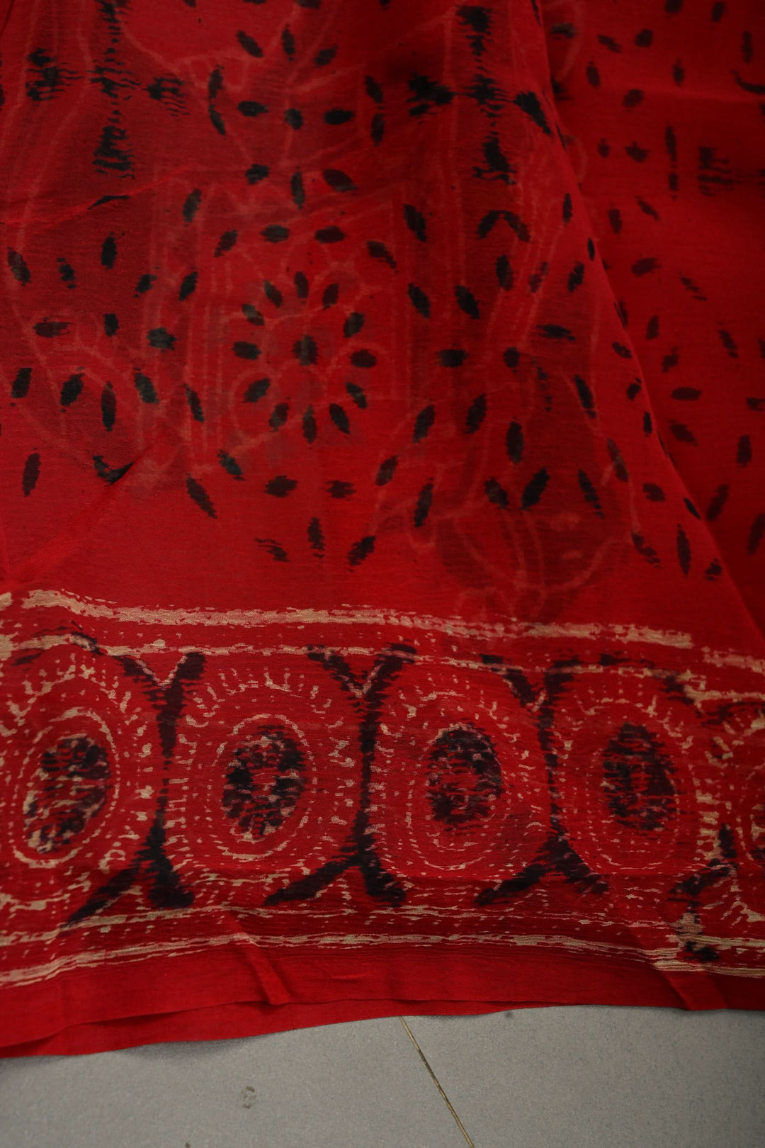 Blood Red Chiffon Saree with Nandhi Motifs Hand Block Print  | SHOBITAM