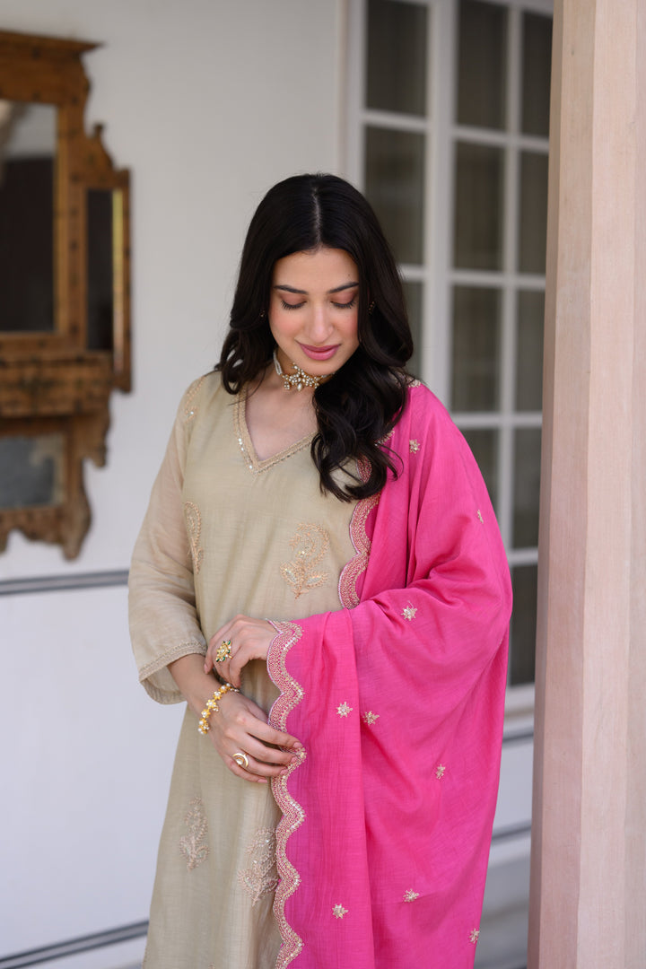 Beige Marodi Spread Work Kurta with Pink Scallop Dupatta Mul Chanderi Suit Set- SET OF-3 | SHOBITAM