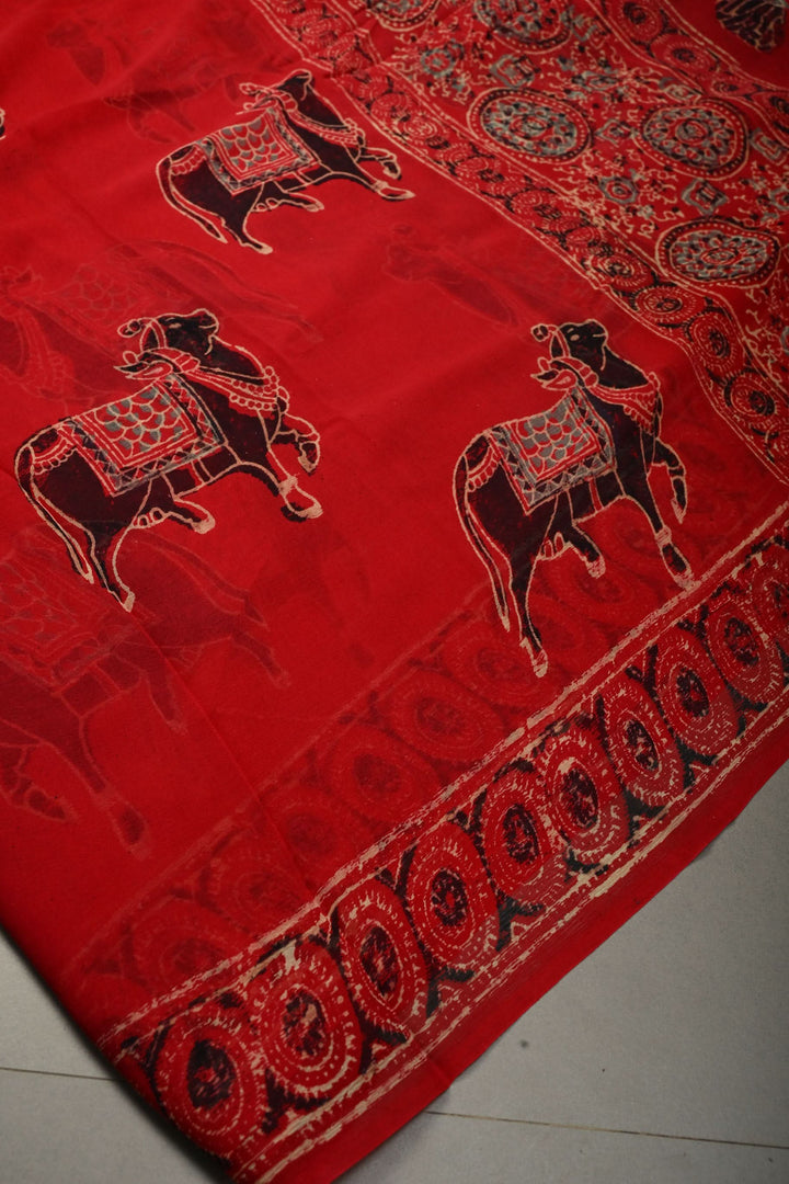 Blood Red Chiffon Saree with Nandhi Motifs Hand Block Print  | SHOBITAM