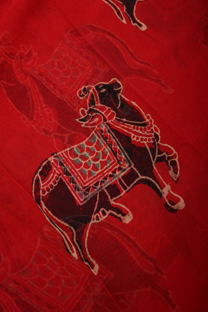 Blood Red Chiffon Saree with Nandhi Motifs Hand Block Print  | SHOBITAM