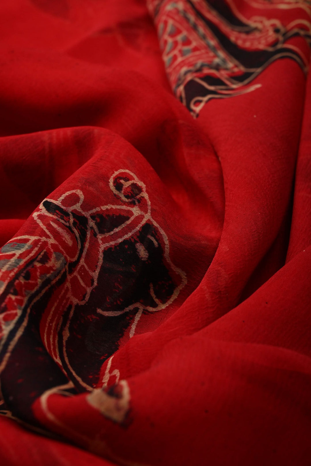 Blood Red Chiffon Saree with Nandhi Motifs Hand Block Print  | SHOBITAM