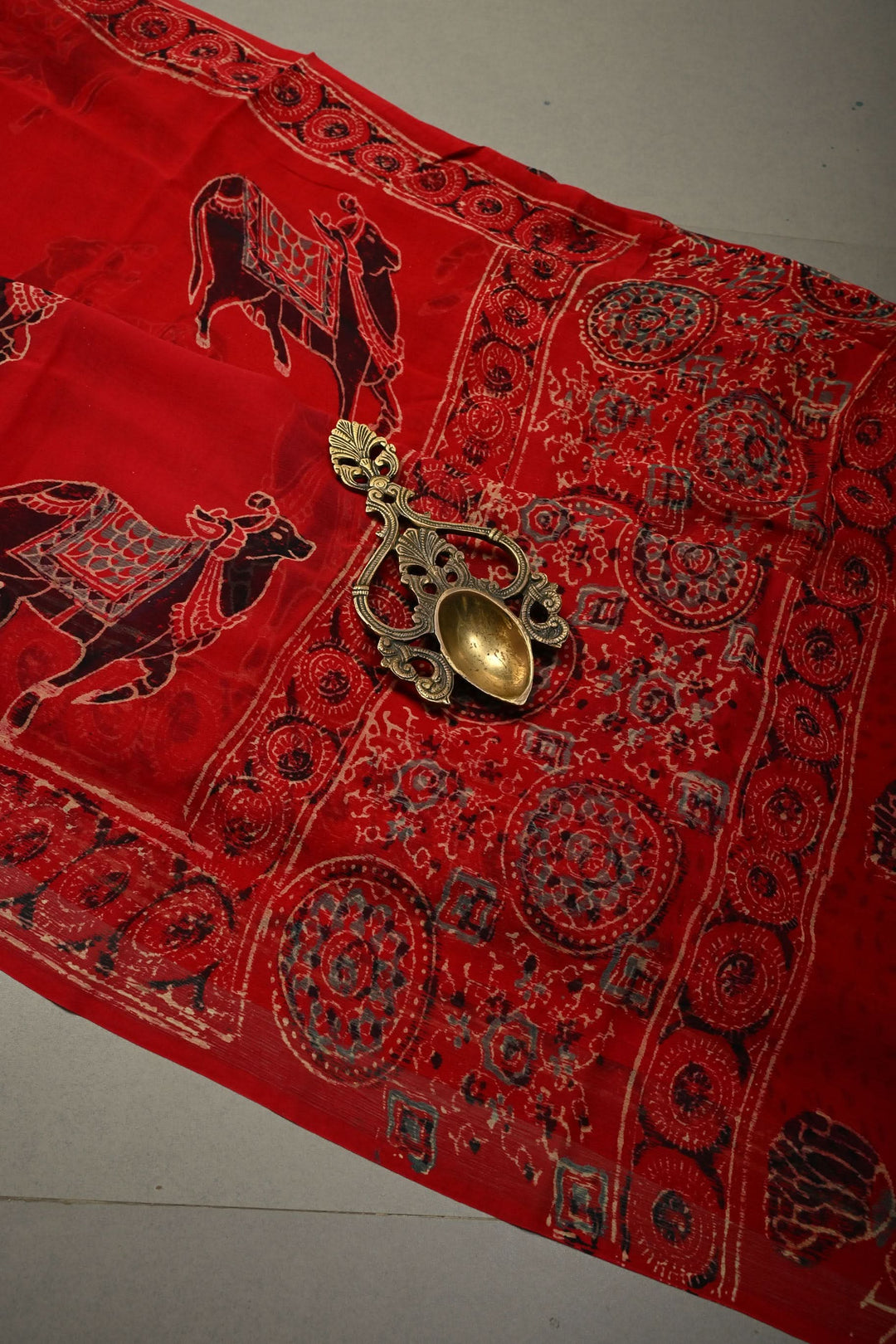 Blood Red Chiffon Saree with Nandhi Motifs Hand Block Print  | SHOBITAM