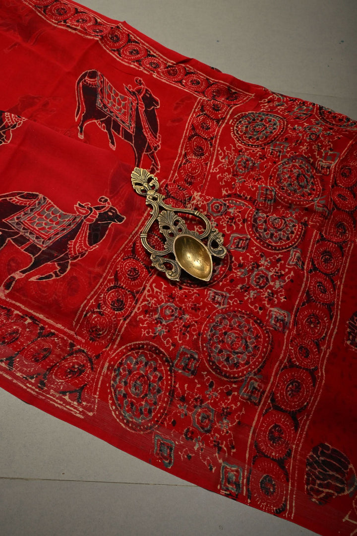 Blood Red Chiffon Saree with Nandhi Motifs Hand Block Print  | SHOBITAM