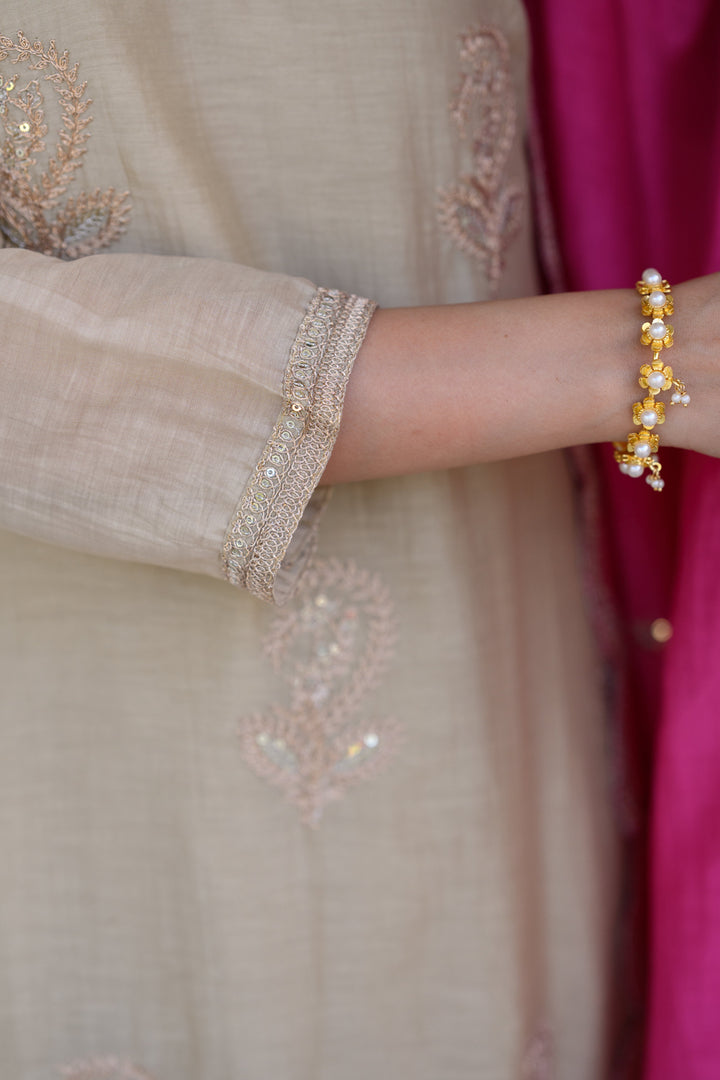 Beige Marodi Spread Work Kurta with Pink Scallop Dupatta Mul Chanderi Suit Set- SET OF-3 | SHOBITAM